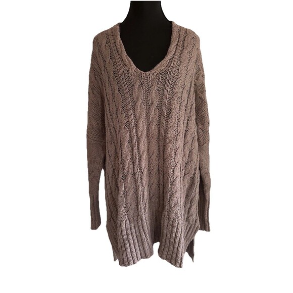 Free People Easy Cable Oversized V Neck Sweater Brown Mauve Tunic Womens Sz M - Picture 1 of 7